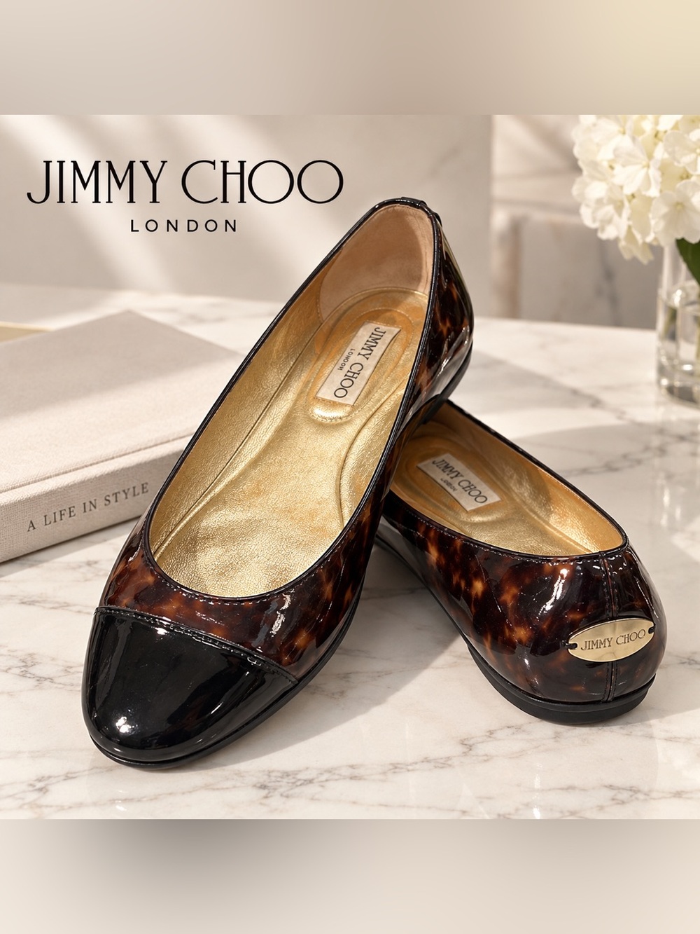 Jimmy Choo London Tortoiseshell Patent Leather Cap Toe Ballet Flats 37.5 NWOT